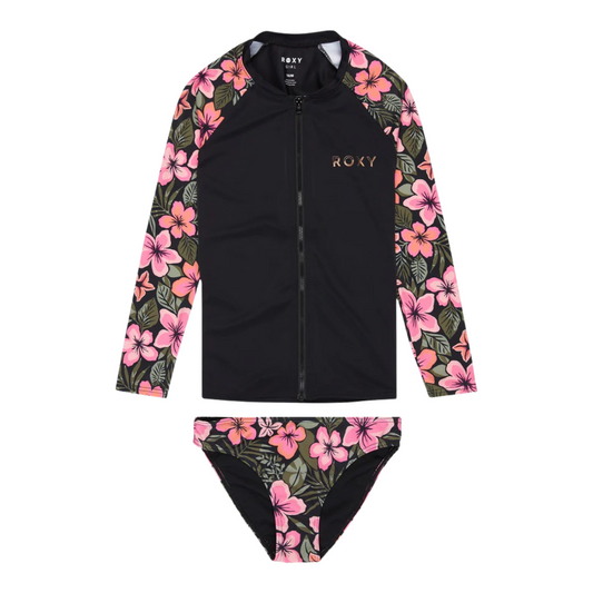 Roxy Girls Active Floral Long Sleeve Onesie Rash Vest Set - Black Floral