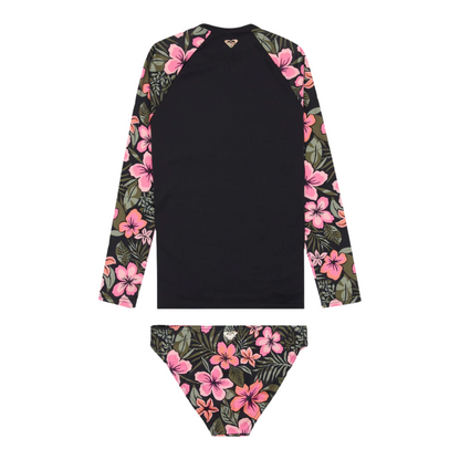 Roxy Girls Active Floral Long Sleeve Onesie Rash Vest Set - Black Floral