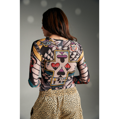 Sabbi Tattoo Mesh Long Sleeve Top - Multi