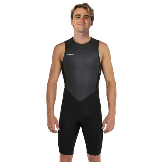 Man wearing a black sleeveless wetsuit on a white background