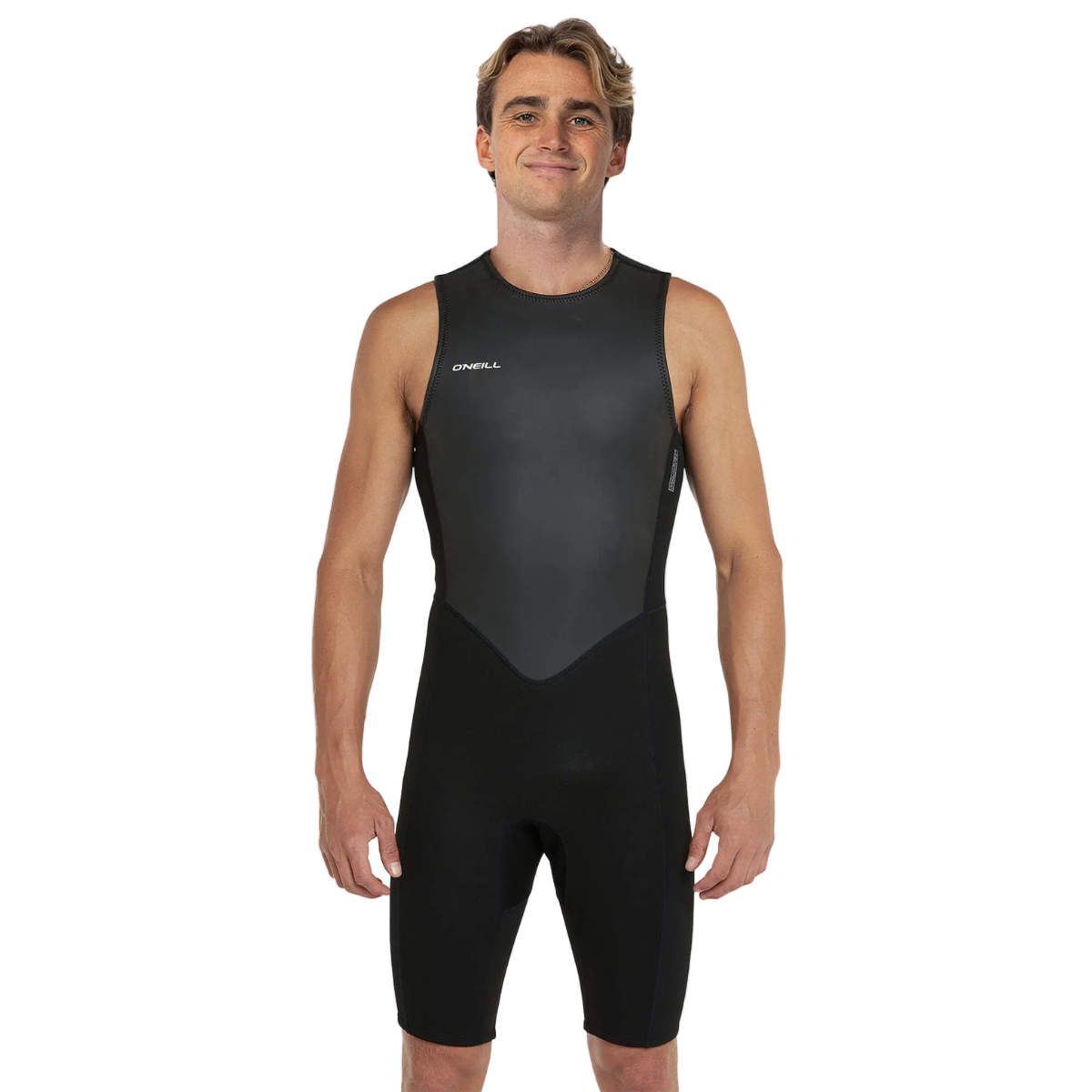 Man wearing a black sleeveless wetsuit on a white background
