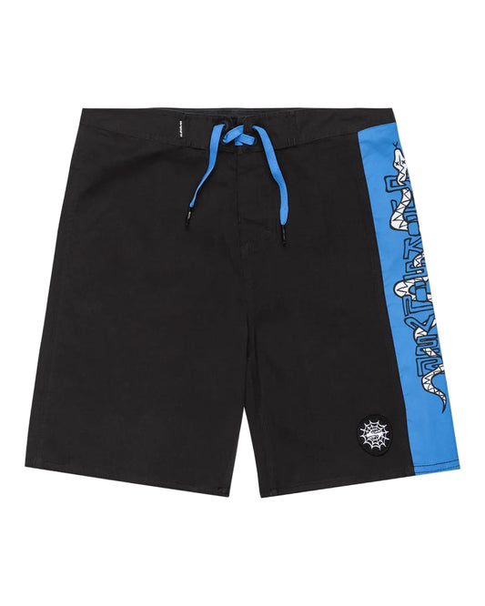 Quiksilver Beach Bones boardshorts for boys, featuring black color with blue accents and a logo on the left leg.